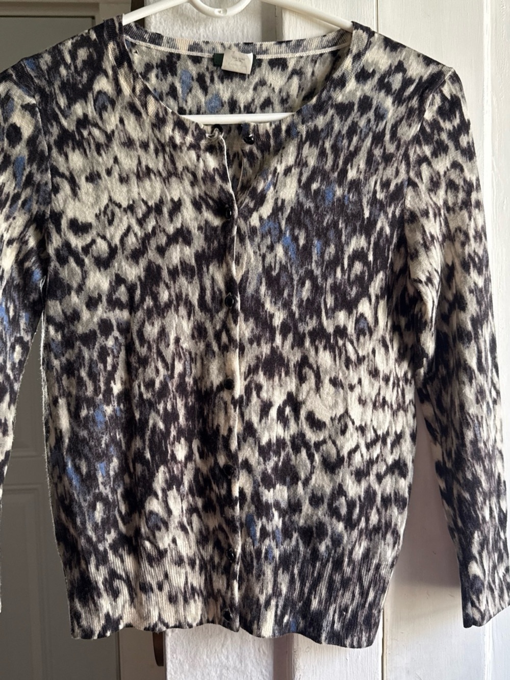 J. Crew Black, Cream & Blue Leopard-Print Cardigan